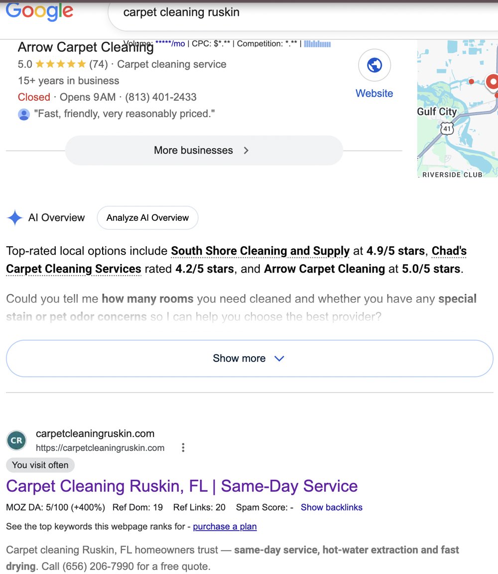 Google results for carpet cleaning ruskin showing carpetcleaningruskin.com as the first organic result
