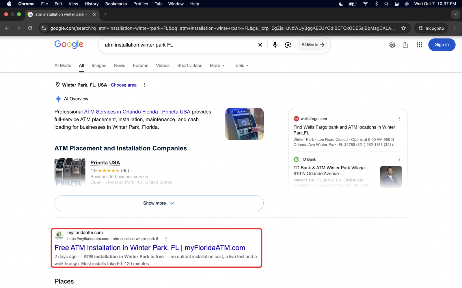 Incognito Google search for "atm installation winter park FL" showing myFloridaATM.com as the #1 organic result, Oct 7, 2026