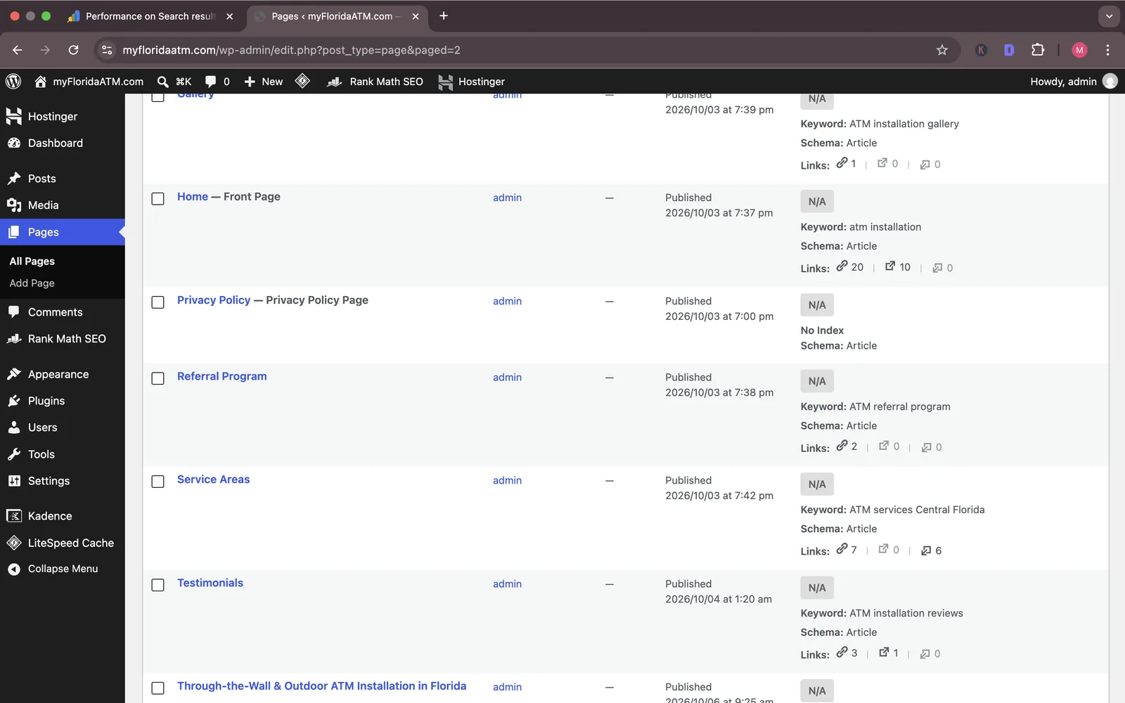 WordPress Pages list showing myFloridaATM.com homepage published October 3, 2026