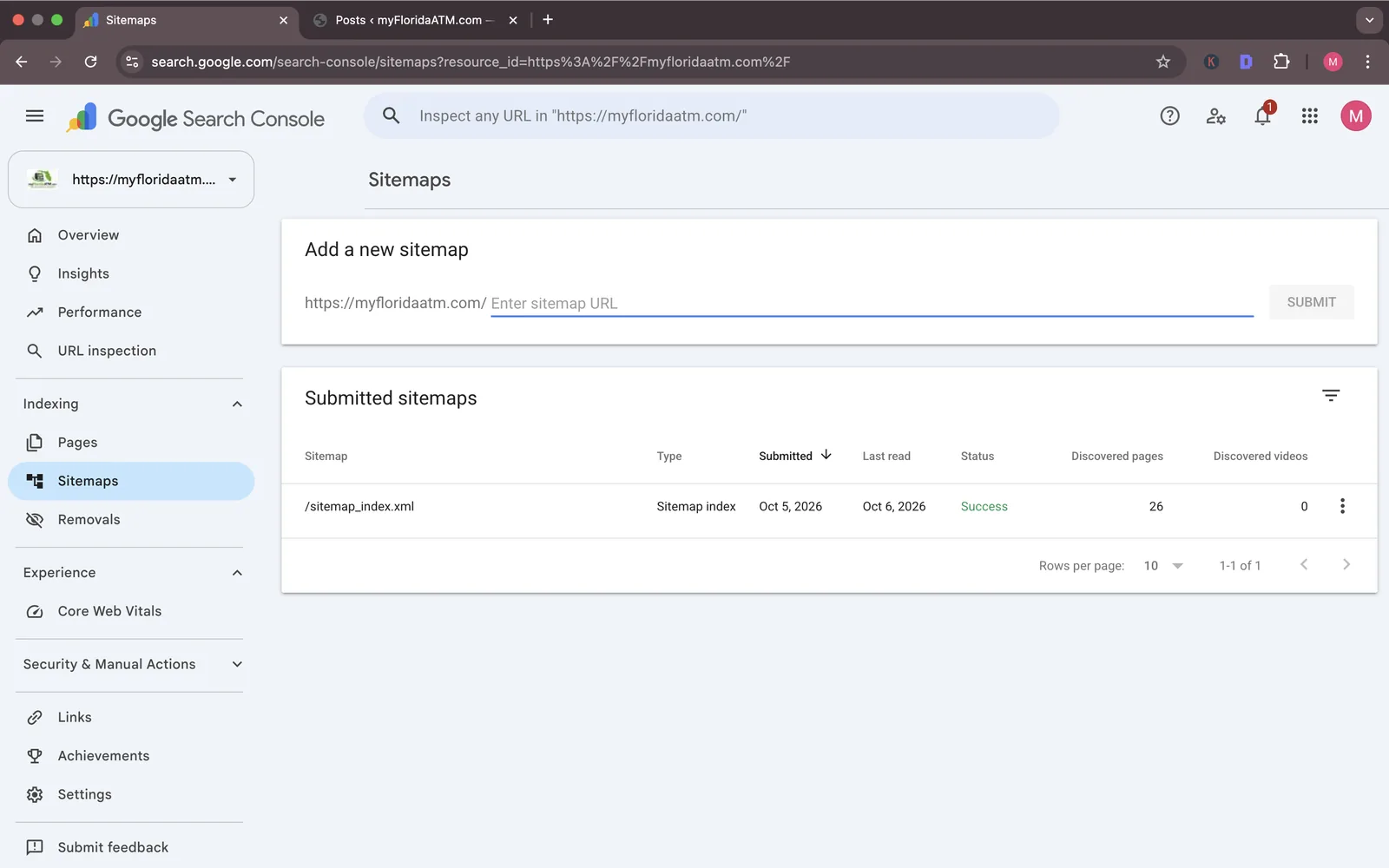 Google Search Console Sitemaps showing sitemap submitted October 5, 2026 with status Success